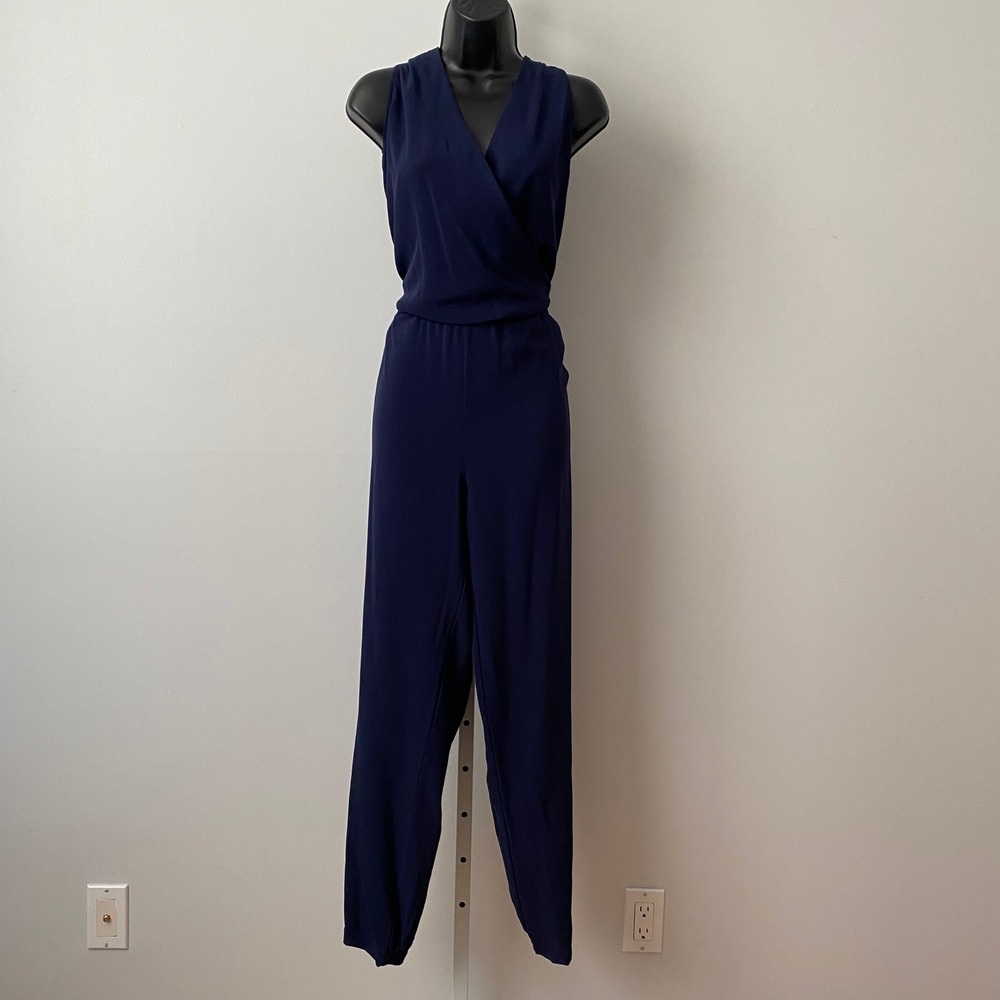 Romeo & Juliet Couture Large Navy Blue Sleeveless Surplice Jumpsuit Evening Wear